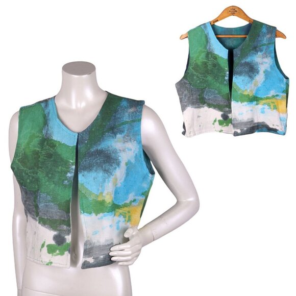 Mexico Handmade Vest Grasol Boutique Cropped Cotton Watercolours Blue Green - Picture 1 of 10